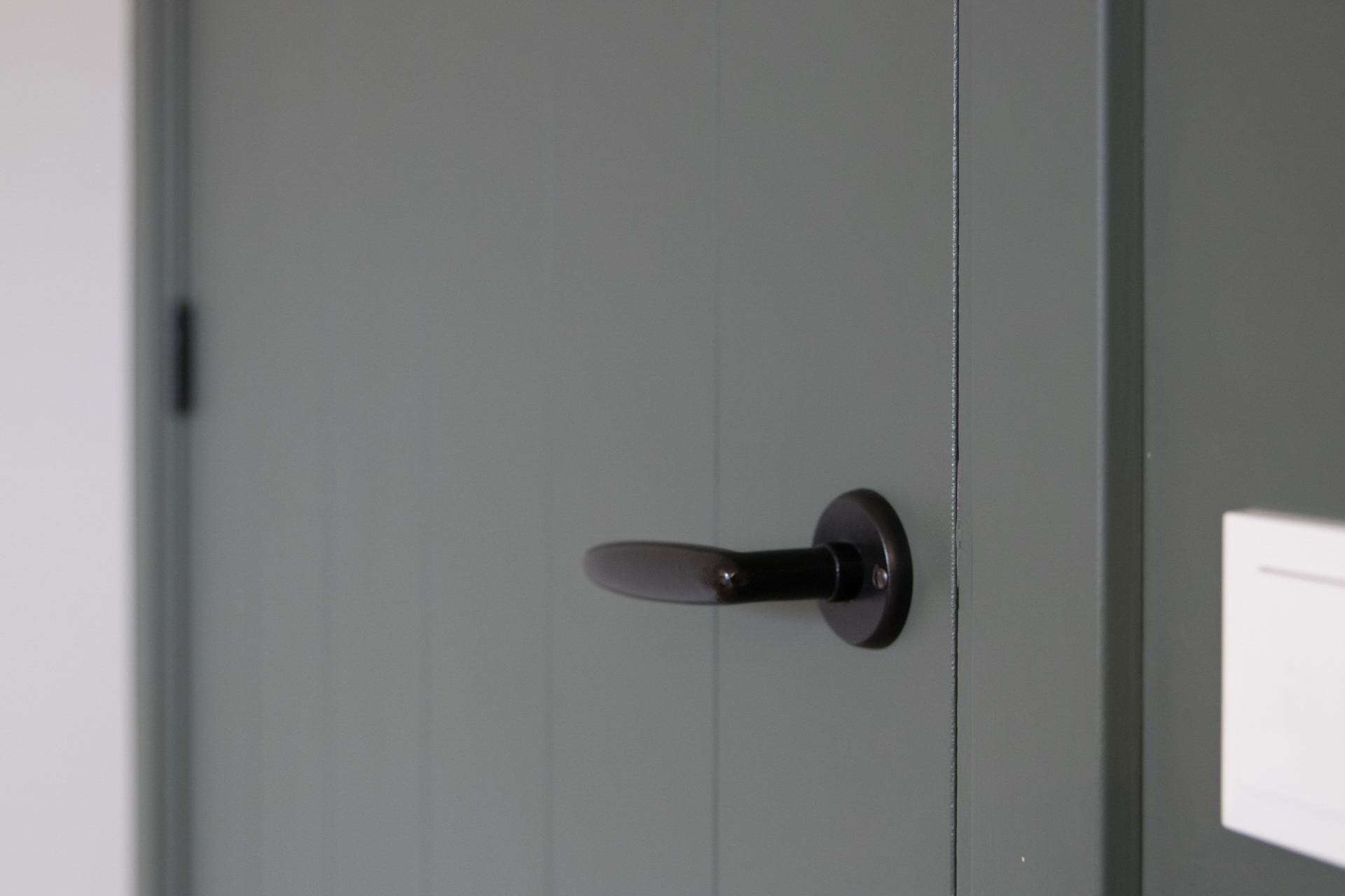 Moderne binnendeur in groen-grijze kleur passend bij eigentijds interieur met zwart beslag