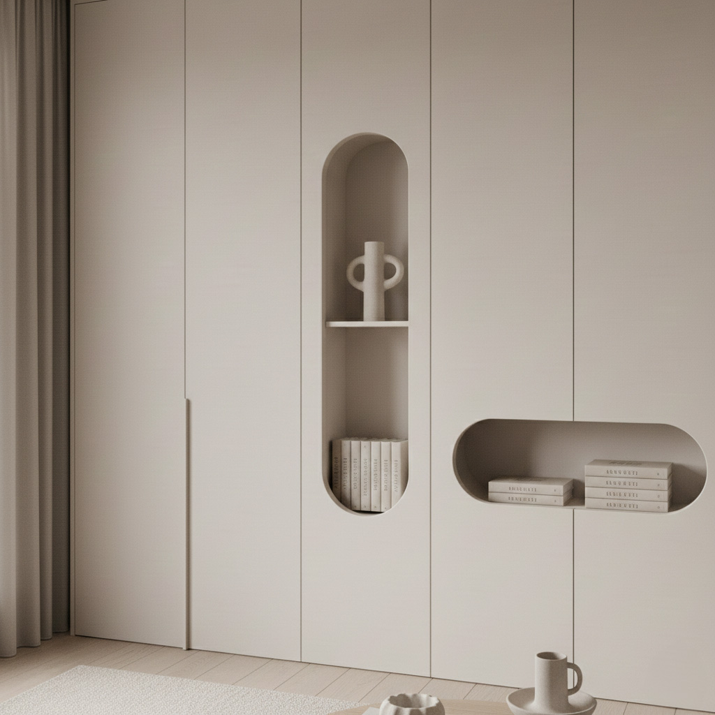 Detail van een maatwerk kast met afgeronde, zachte inhammen, wat de interieurtrend van 2026 voor comfort en rust benadrukt.