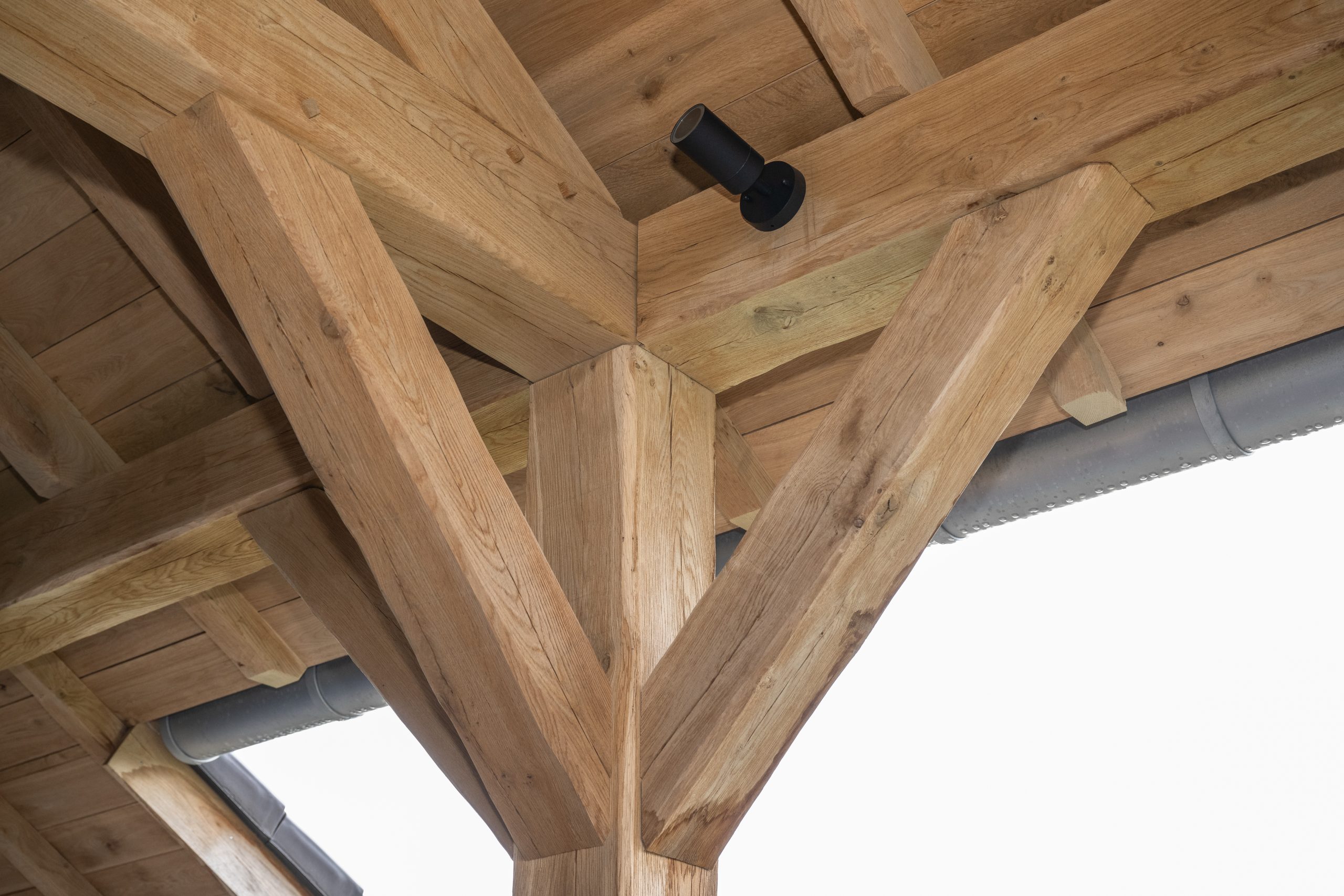 Onderzijde van een luxe eikenhouten dakconstructie met robuuste balken, schoren en ingebouwde spotjes.