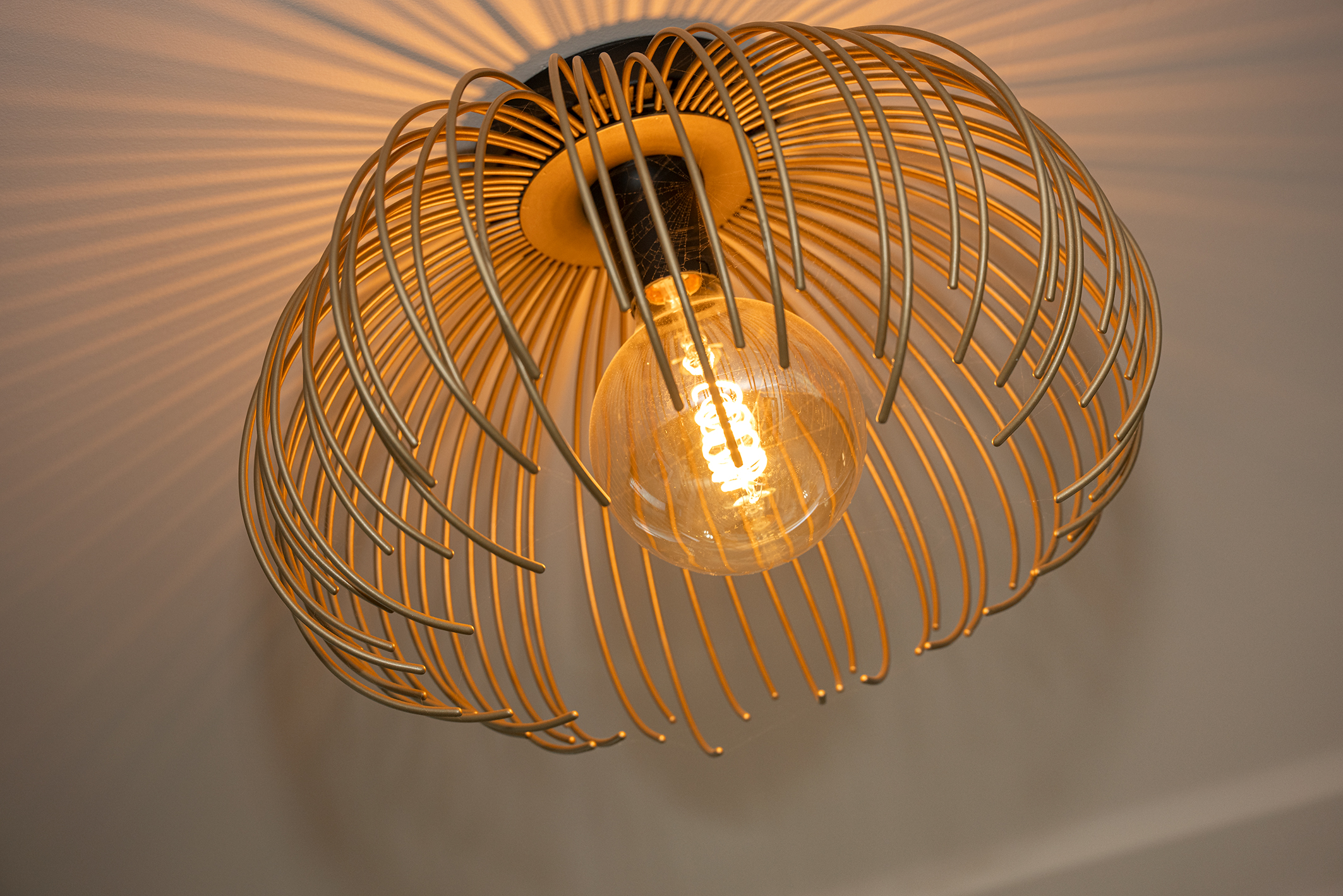Een goudkleurige draadlamp aan het plafond met een grote kooldraadlamp die een warm lijnenspel werpt.
