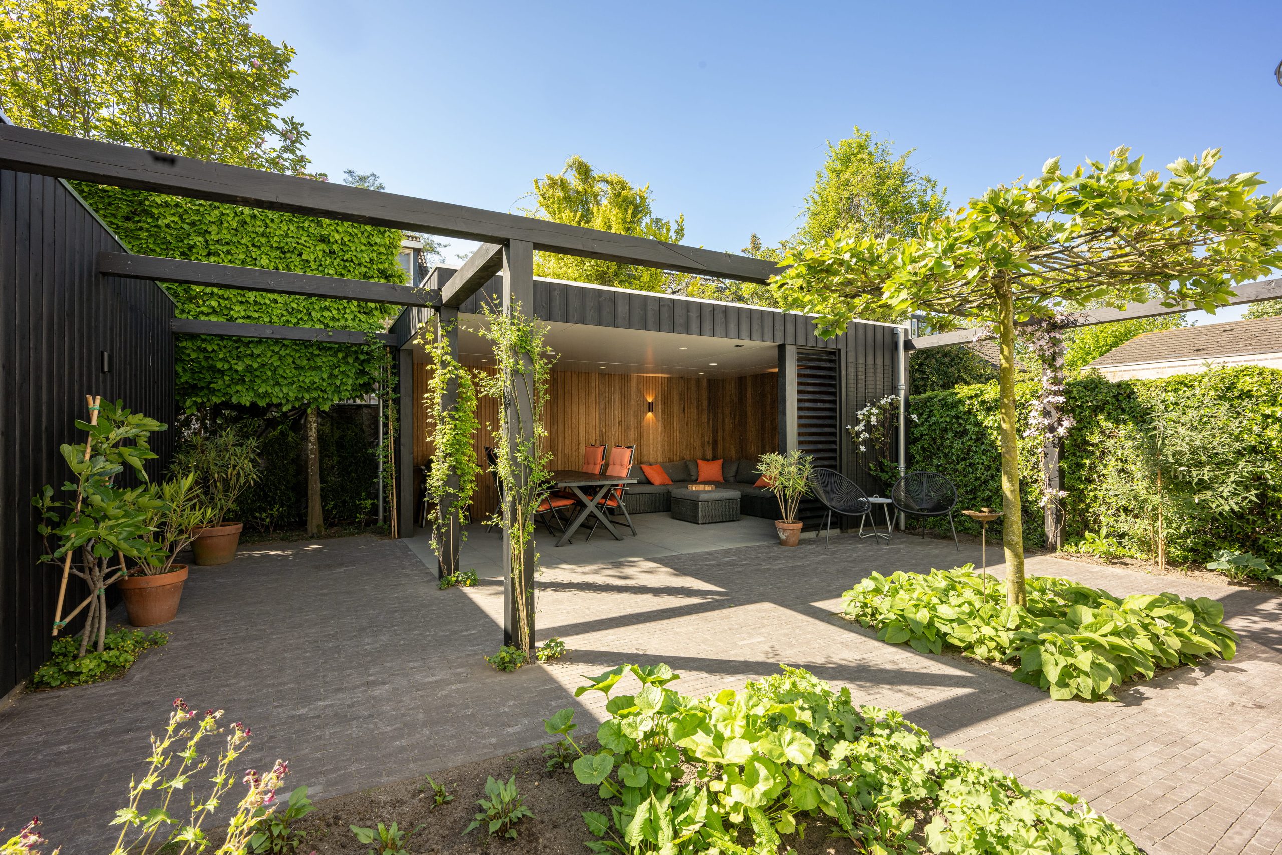Modern tuinontwerp met een overkapping in thermo fraké en zwarte thermo vuren accenten.