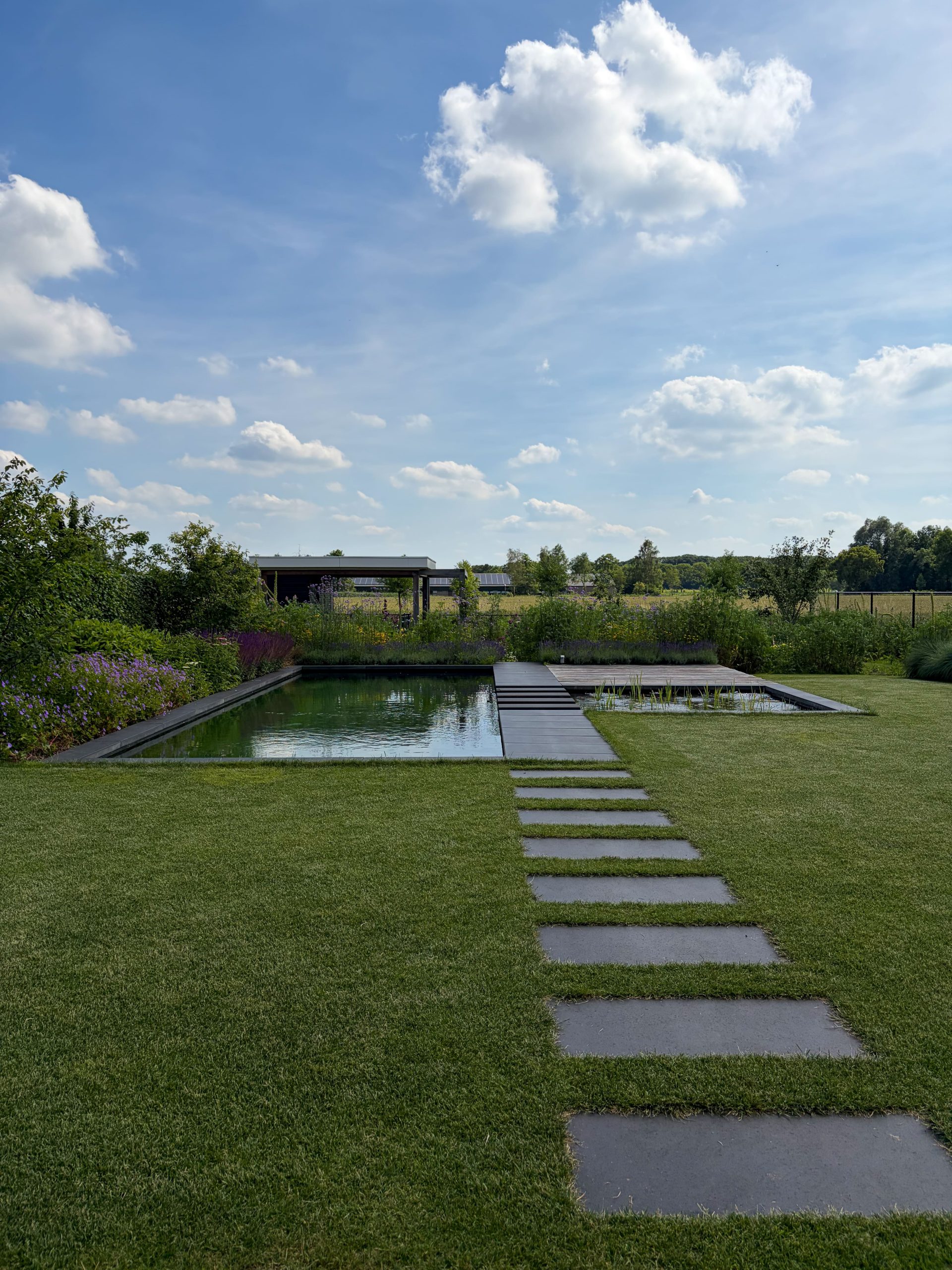 Panoramisch uitzicht over een verzorgde tuin met een zwemvijver, staptegels, een houten vlonder en een modern tuinhuis.