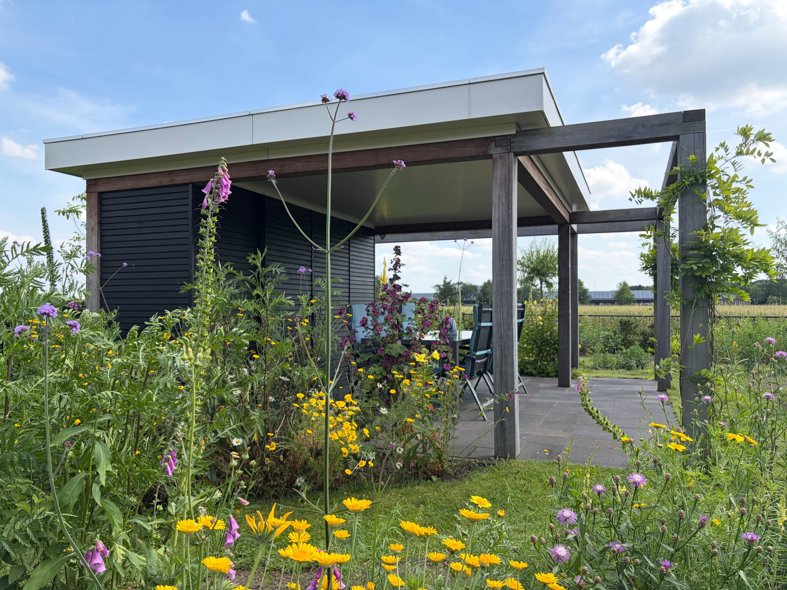 Zwarte houten tuinoverkapping met terras en tuinset, omringd door kleurrijke bloeiende planten en veldbloemen.